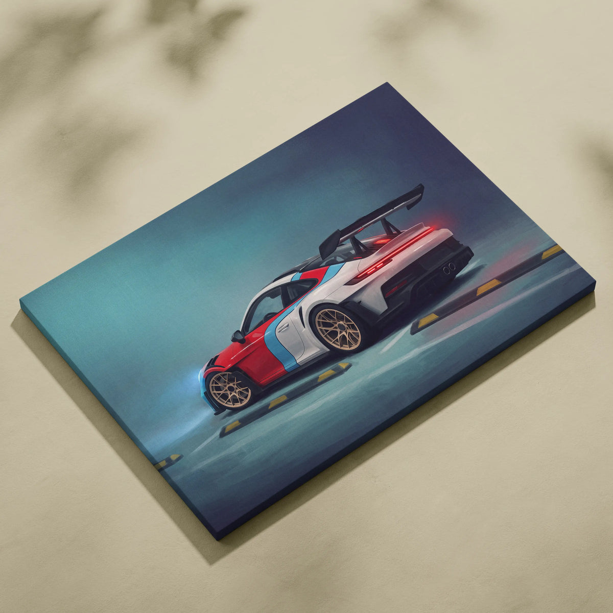 A vibrant red white and blue Porsche 911 GT3 RS inspired supercar illustration printed on stretched canvas wall art