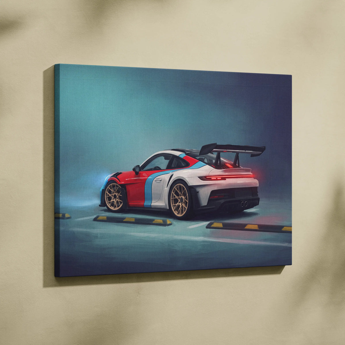 A vibrant red white and blue porsche 911 gt3 rs race car canvas print with gold rims and a prominent rear spoiler