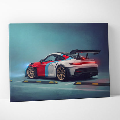 A vibrant red white and blue Porsche 911 GT3 RS inspired canvas print with gold rims and rear spoiler wall art