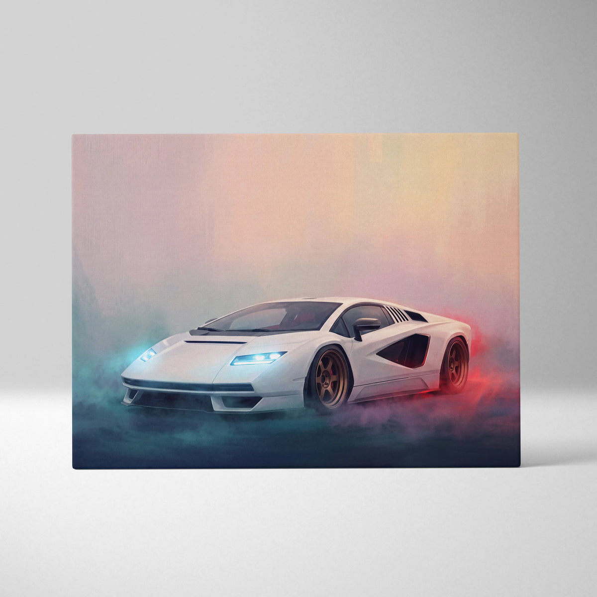 White lamborghini countach lpi 800-4 inspired sports car illustration with glowing blue and red accents canvas print