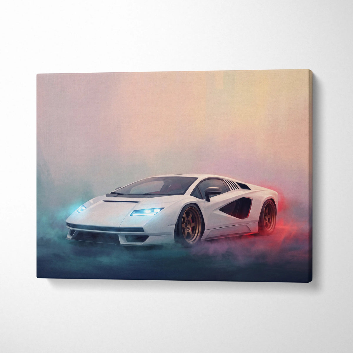 White lamborghini countach lpi 800-4 inspired canvas print featuring a sleek sports car with glowing blue and red accents