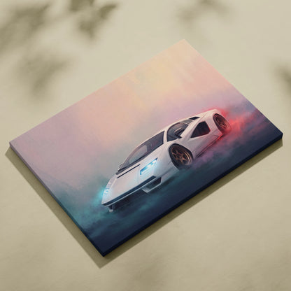 Lamborghini Countach LPI 800-4 inspired white sports car canvas print with glowing blue and red accents for wall art