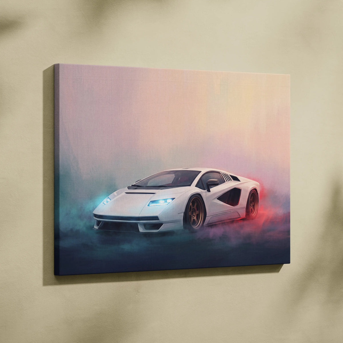 White Lamborghini Countach LPI 800-4 inspired canvas print with glowing headlights and vibrant smoke effects wall art