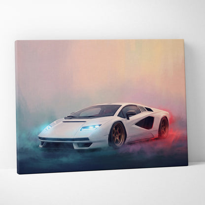 White lamborghini countach lpi 800-4 inspired car wall art canvas print with glowing blue and red accents