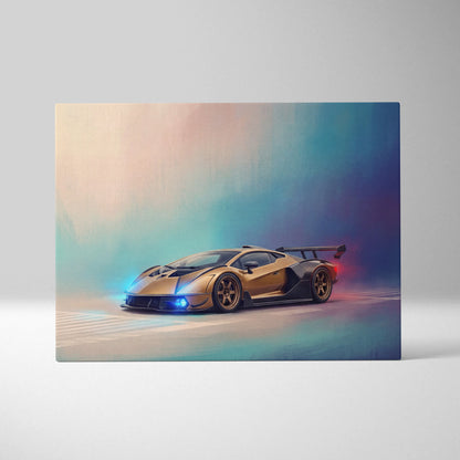 Golden lamborghini veneno supercar canvas print with sleek aerodynamic design and glowing blue headlights wall art