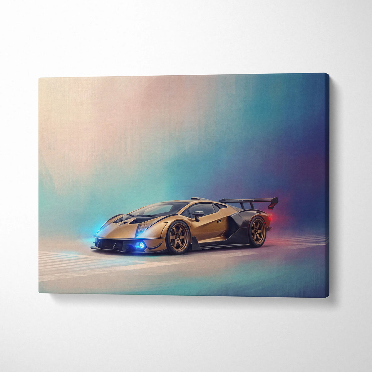 Lamborghini Essenza SCV12 inspired gold and black sports car canvas print with glowing blue headlights and red taillights