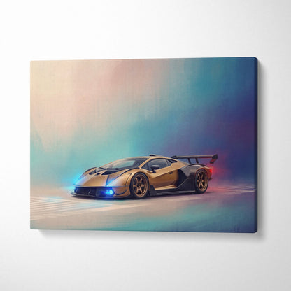 Lamborghini Essenza SCV12 inspired gold and black sports car canvas print with glowing blue headlights and red taillights