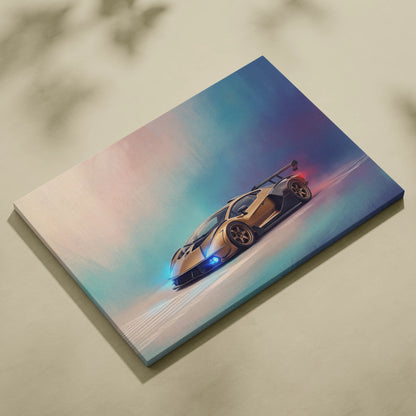 Lamborghini Essenza SCV12 inspired luxury canvas print featuring a gold sports car with glowing blue headlights and red taillights