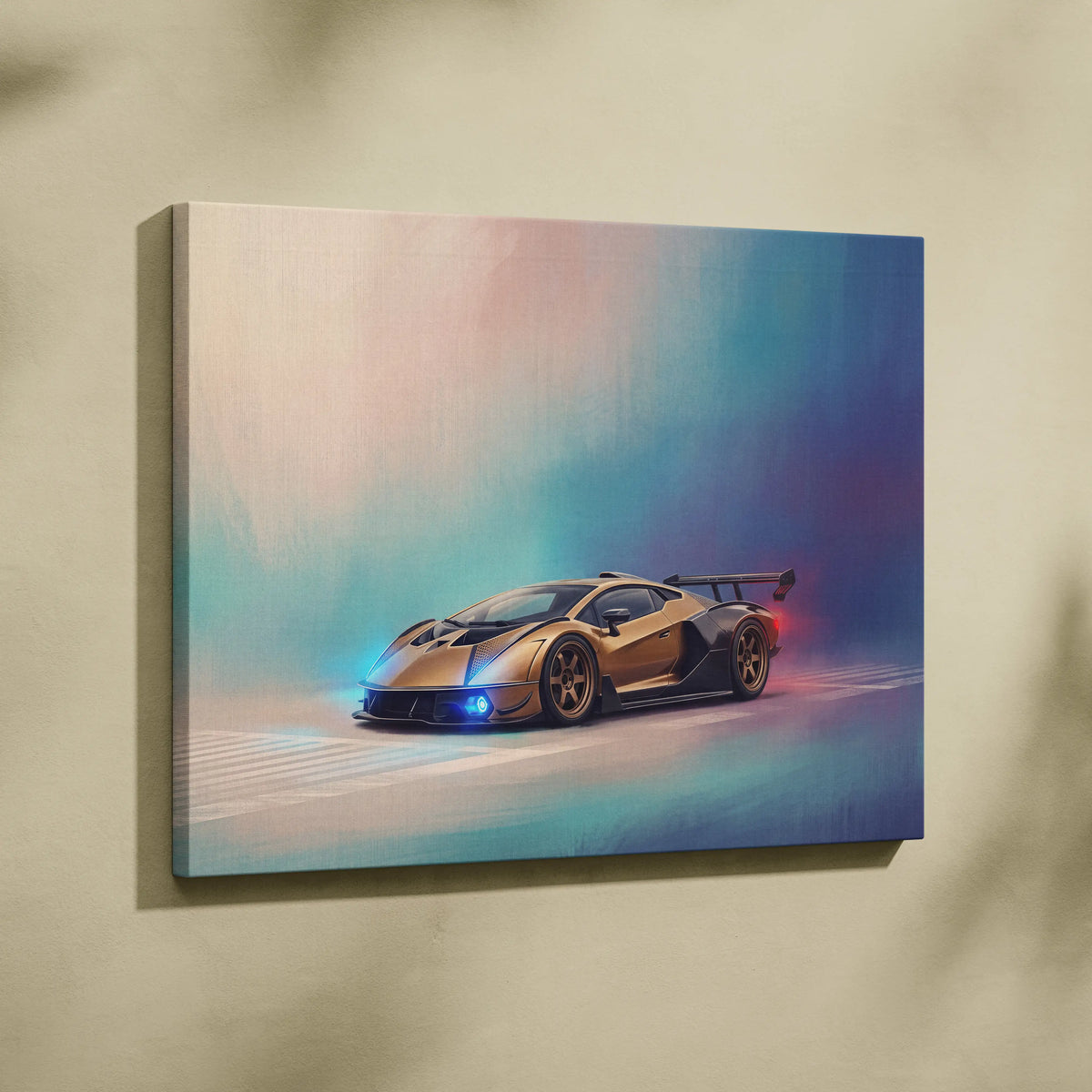 A canvas print of a gold lamborghini veneno with blue and red lighting on teal pink purple gradient background