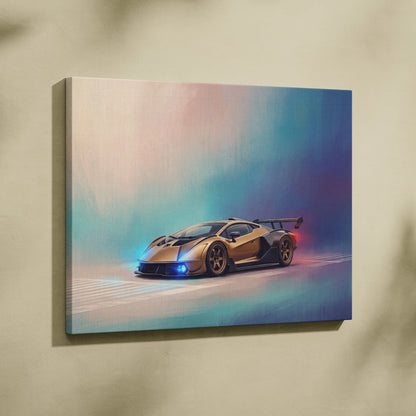 A canvas print of a gold lamborghini veneno with blue and red lighting on teal pink purple gradient background