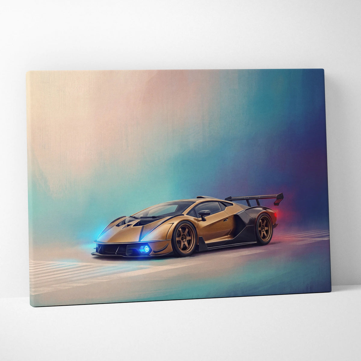 Lamborghini essenza scv12 inspired luxury supercar canvas print with glossy gold black finish and glowing blue headlights