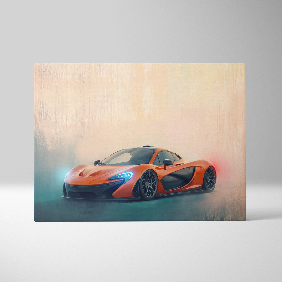 McLaren P1 inspired car wall art featuring a vibrant orange sports car with glowing blue and red accents on canvas