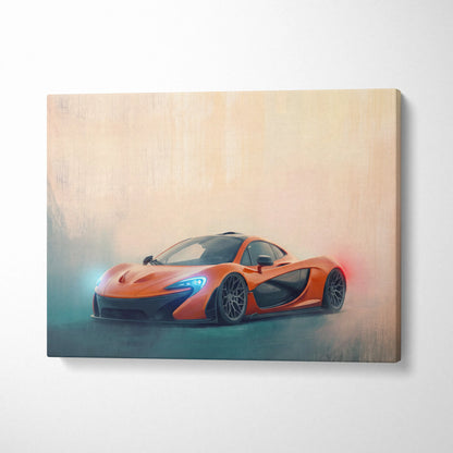 Vibrant orange McLaren P1 inspired sports car depicted in dynamic stylized canvas painting print for wall art