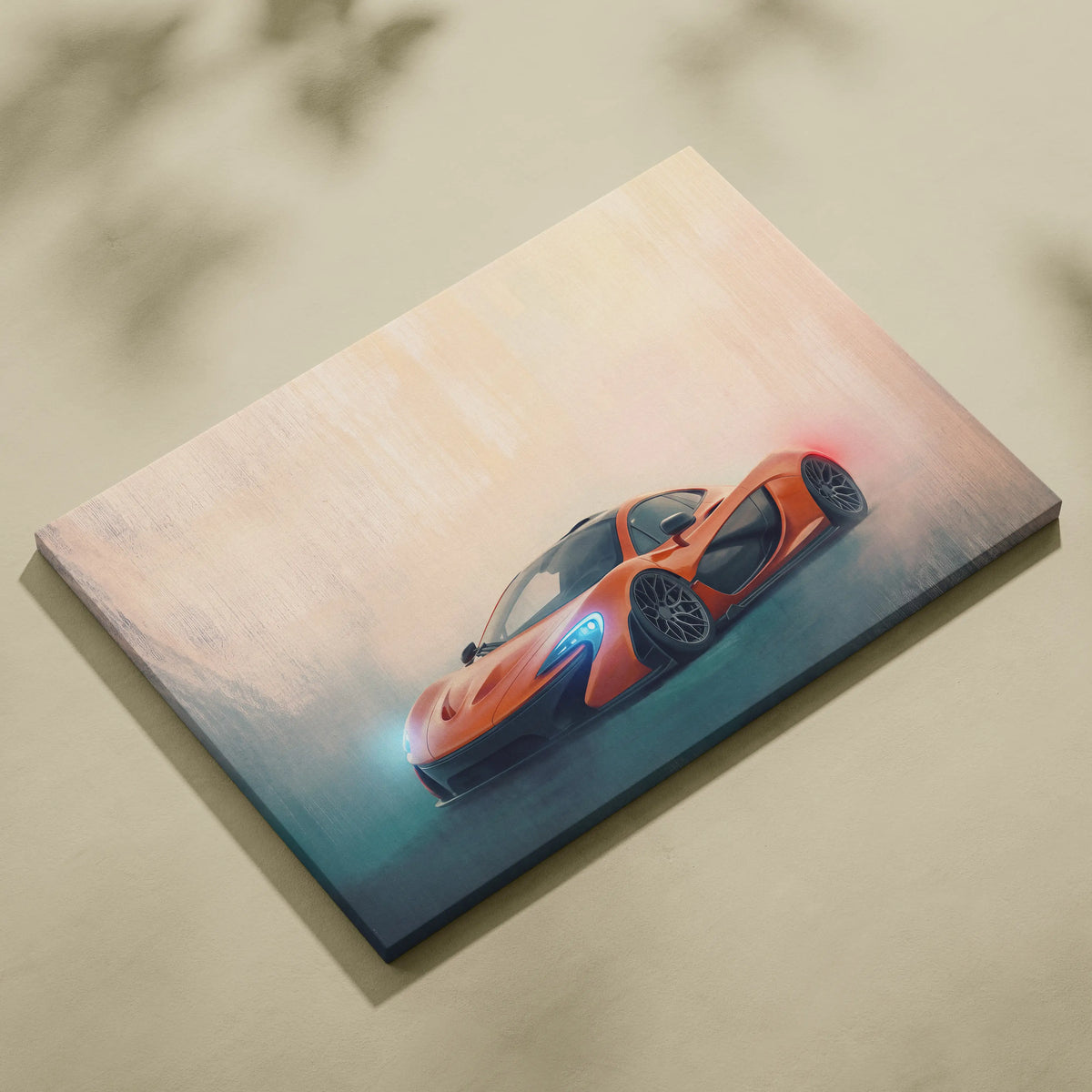 Vibrant orange mclaren p1 sports car in a dynamic stylized painting on canvas mclaren p1 inspired track edition wall art
