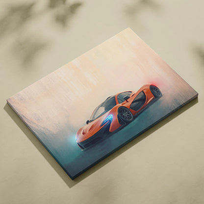 Vibrant orange mclaren p1 sports car in a dynamic stylized painting on canvas mclaren p1 inspired track edition wall art