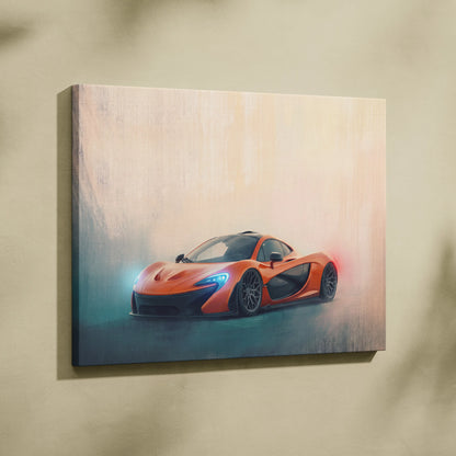 Orange McLaren P1 inspired sports car canvas print with glowing blue and red headlights track edition wall art