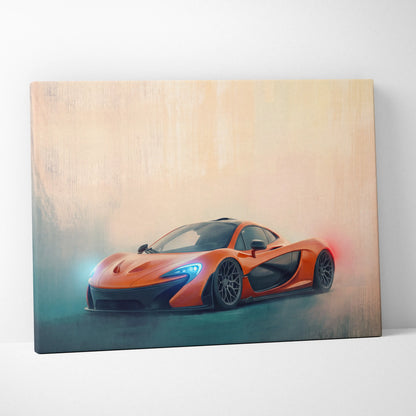 Vibrant orange McLaren P1 inspired sports car depicted in a dynamic stylized canvas painting print for wall art