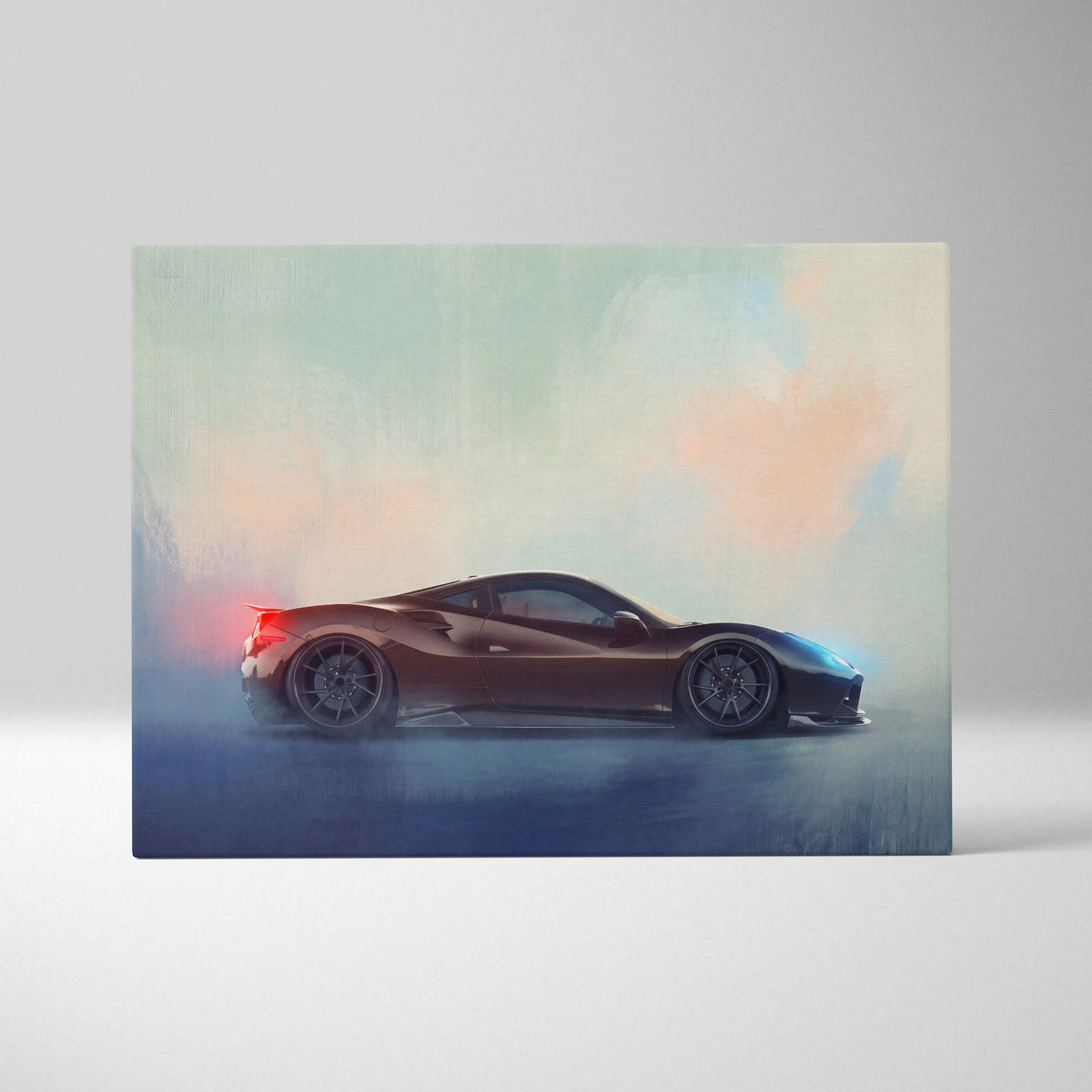 A sleek matte brown ferrari f8 tributo inspired supercar canvas art with glowing red and blue accents on pastel background