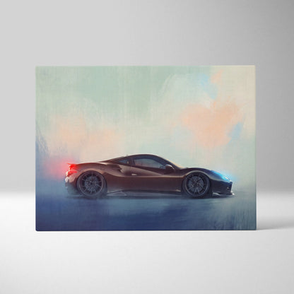 A sleek matte brown ferrari f8 tributo inspired supercar canvas art with glowing red and blue accents on pastel background