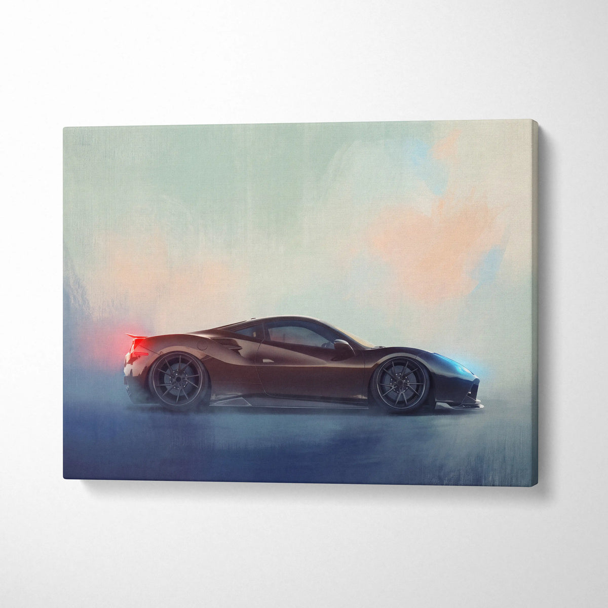 Ferrari f8 tributo inspired supercar canvas art featuring a sleek matte brown sports car in motion on a soft gradient sky