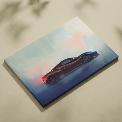 A sleek dark brown Ferrari F8 Tributo inspired sports car canvas art with soft blue and peach gradient background