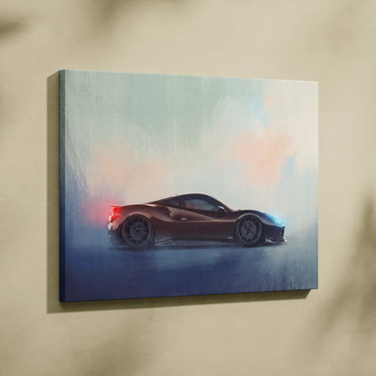 A canvas print of a sleek dark brown Ferrari F8 Tributo sports car with glowing red and blue accents in a misty background