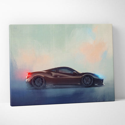 A sleek dark brown Ferrari F8 Tributo inspired supercar canvas print with glowing red and blue accents wall art