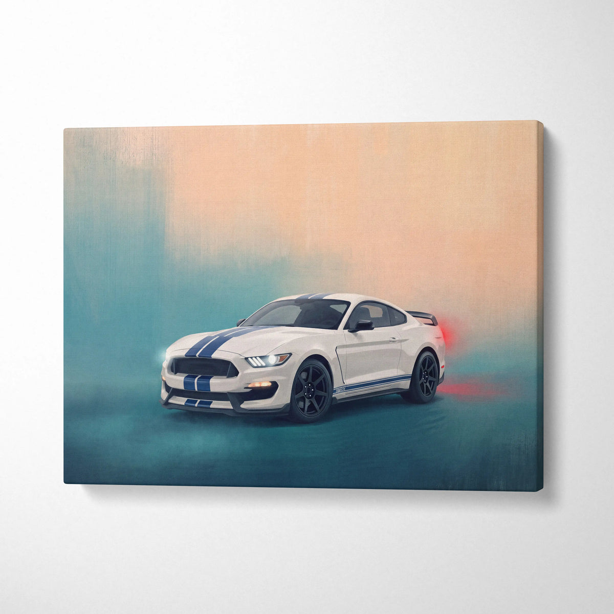 White ford mustang with blue racing stripes and black wheels stylized canvas painting ford mustang shelby gt350 wall art
