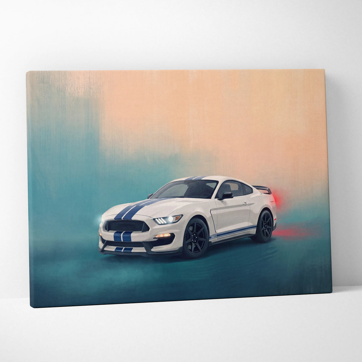 White ford mustang shelby gt350 canvas print with blue racing stripes and black wheels automotive wall art