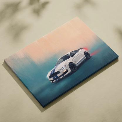 White ford mustang with blue racing stripes on a canvas painting ford mustang shelby gt350 wall art print