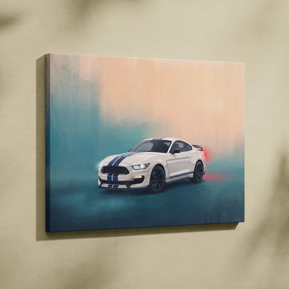 Ford Mustang Shelby GT350 inspired white muscle car canvas print with blue racing stripes automotive wall art