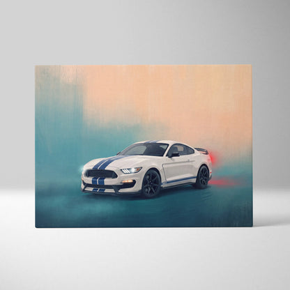 White ford mustang with blue racing stripes and black wheels on a muscle car canvas print for automotive wall art