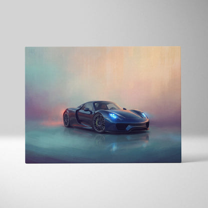 A sleek dark blue Porsche 918 Spyder inspired supercar canvas art with glowing headlights and glossy finish