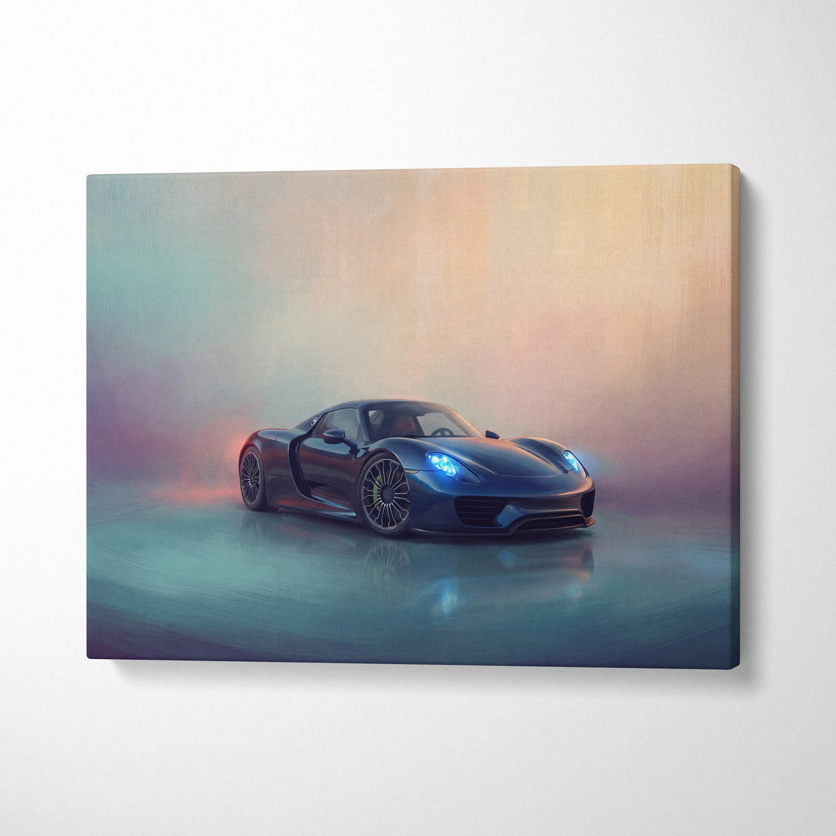 A sleek dark blue Porsche 918 Spyder inspired supercar canvas art with glowing headlights and reflective surface