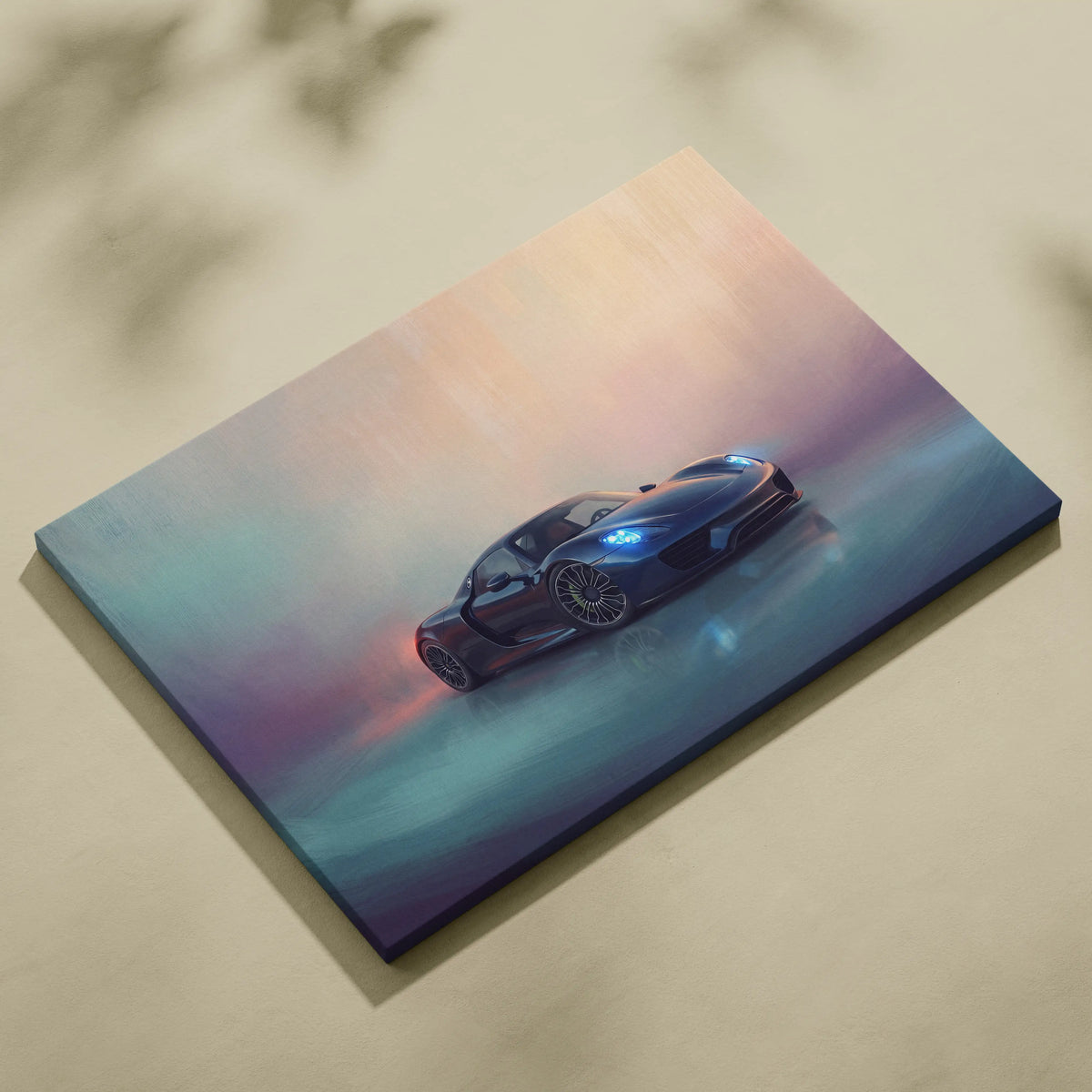 Porsche 918 spyder inspired supercar canvas art featuring a sleek dark blue bugatti hypercar with glowing headlights