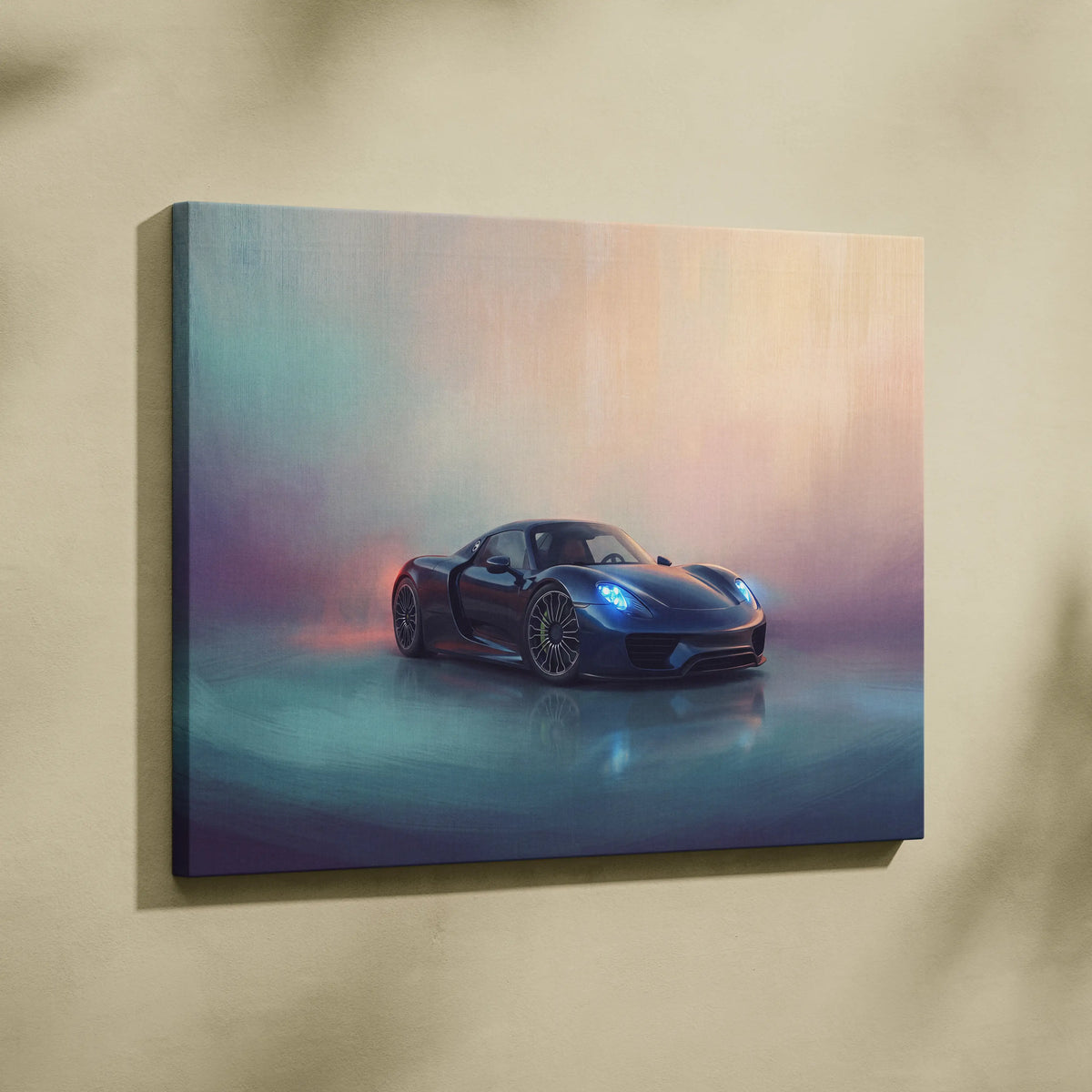 Porsche 918 spyder inspired supercar canvas art featuring a sleek black sports car with glowing blue headlights in misty pastels