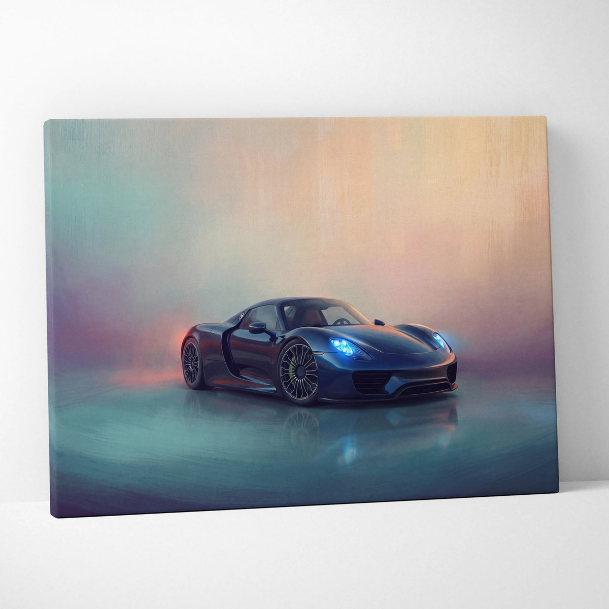 A sleek dark blue Porsche 918 Spyder inspired supercar canvas art print with glowing headlights and reflective surface