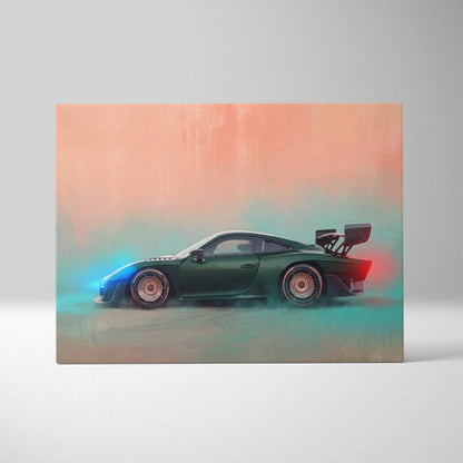Porsche 935 inspired canvas art featuring a sleek dark green sports car with gold rims and rear spoiler on gradient background