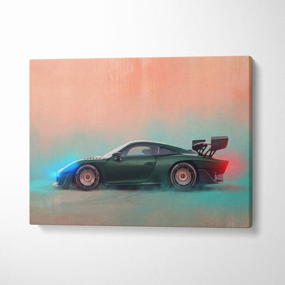 Porsche 935 inspired canvas art featuring a sleek dark green porsche 911 with gold-rimmed wheels and rear spoiler