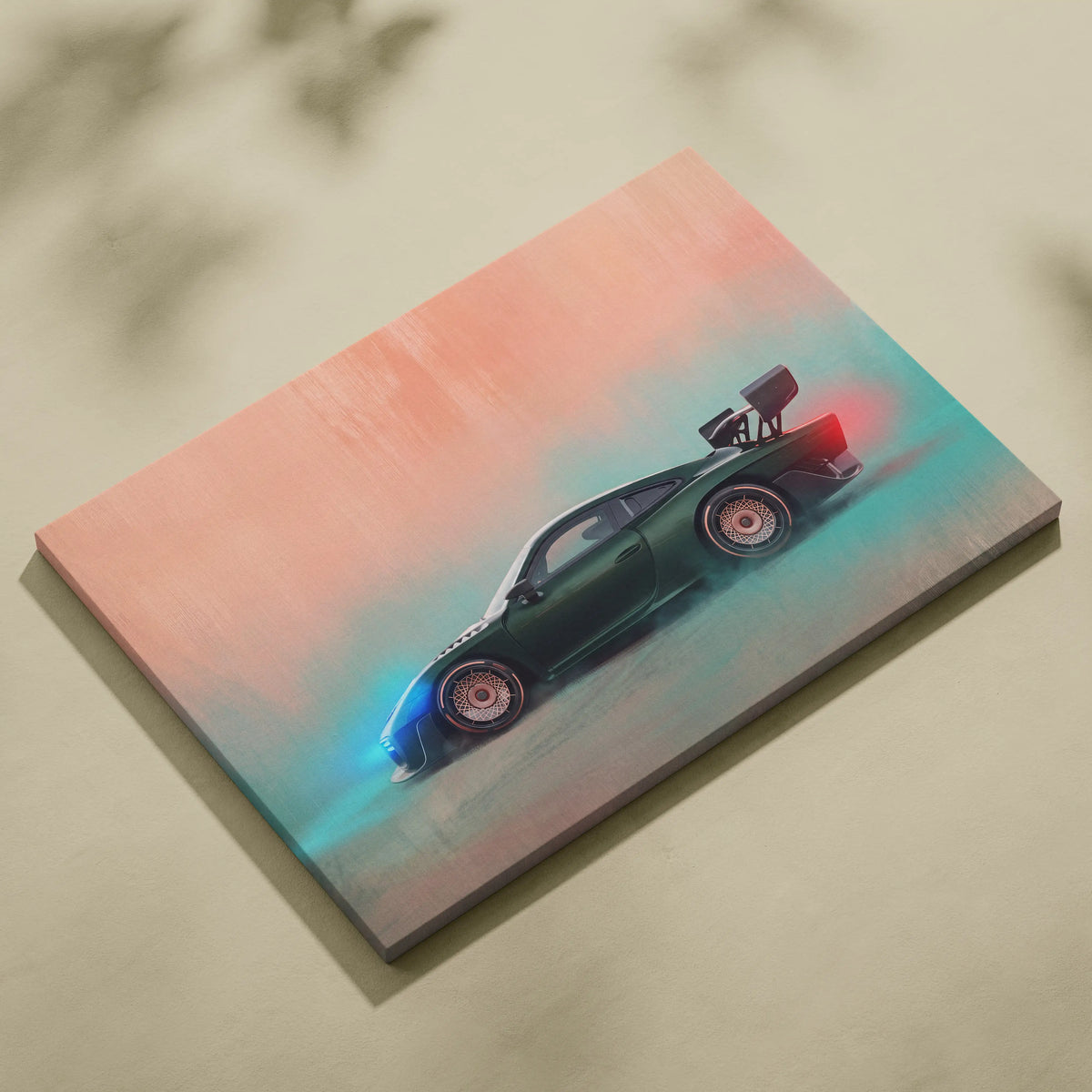 Porsche 935 inspired canvas art featuring a sleek dark green sports car with glowing blue and red wheel accents