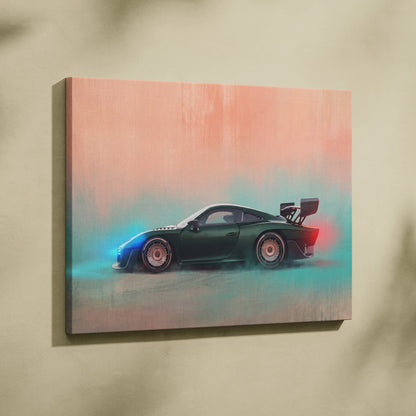 Porsche 935 inspired canvas art featuring a dark green sports car with gold wheels on a pink and teal background