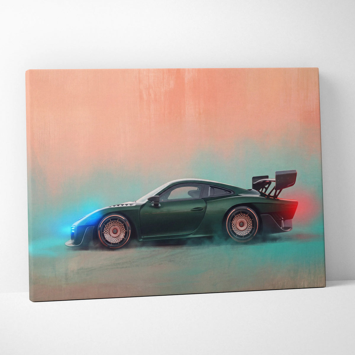 A sleek dark green Porsche 935 inspired canvas art with neon accented wheels and a prominent rear spoiler
