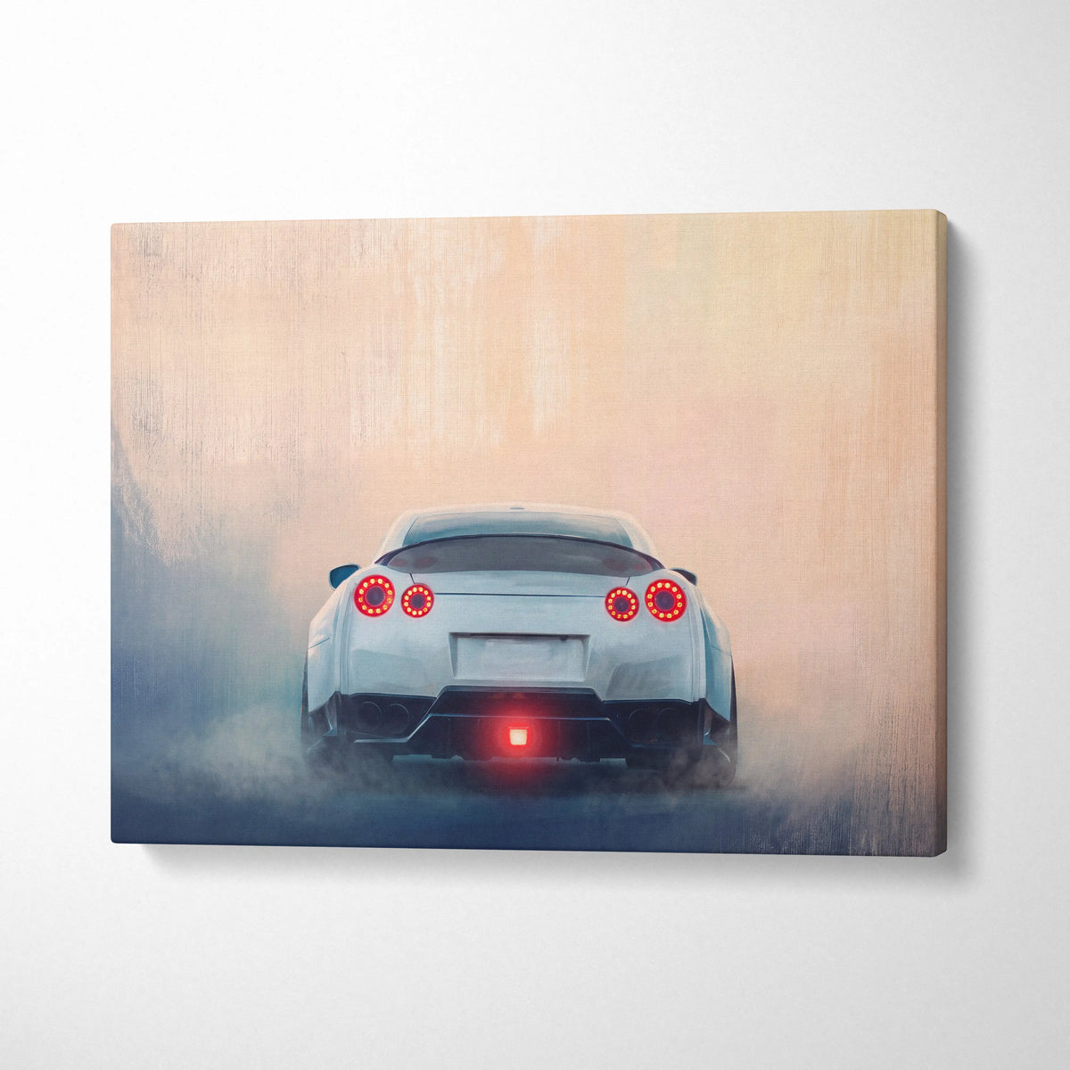 A canvas print featuring a white Nissan GT-R with glowing red taillights in mist for twin turbo supercar wall decor
