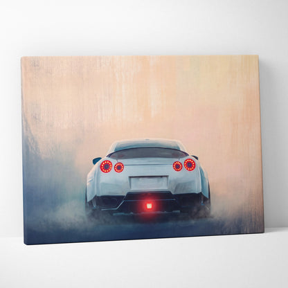 White nissan gt-r canvas print with glowing red taillights and smoke effect twin turbo supercar bedroom wall decor