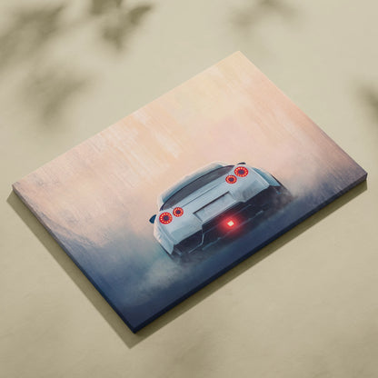 White Nissan GT-R inspired canvas print with glowing red taillights and gradient sky for twin turbo supercar wall decor