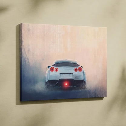 White nissan gt-r canvas print with glowing red taillights and rear spoiler for twin turbo supercar bedroom decor