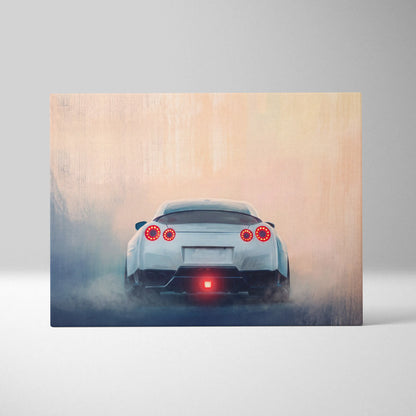White Nissan GT-R inspired canvas print featuring glowing red taillights and a subtle smoky effect for bedroom wall decor