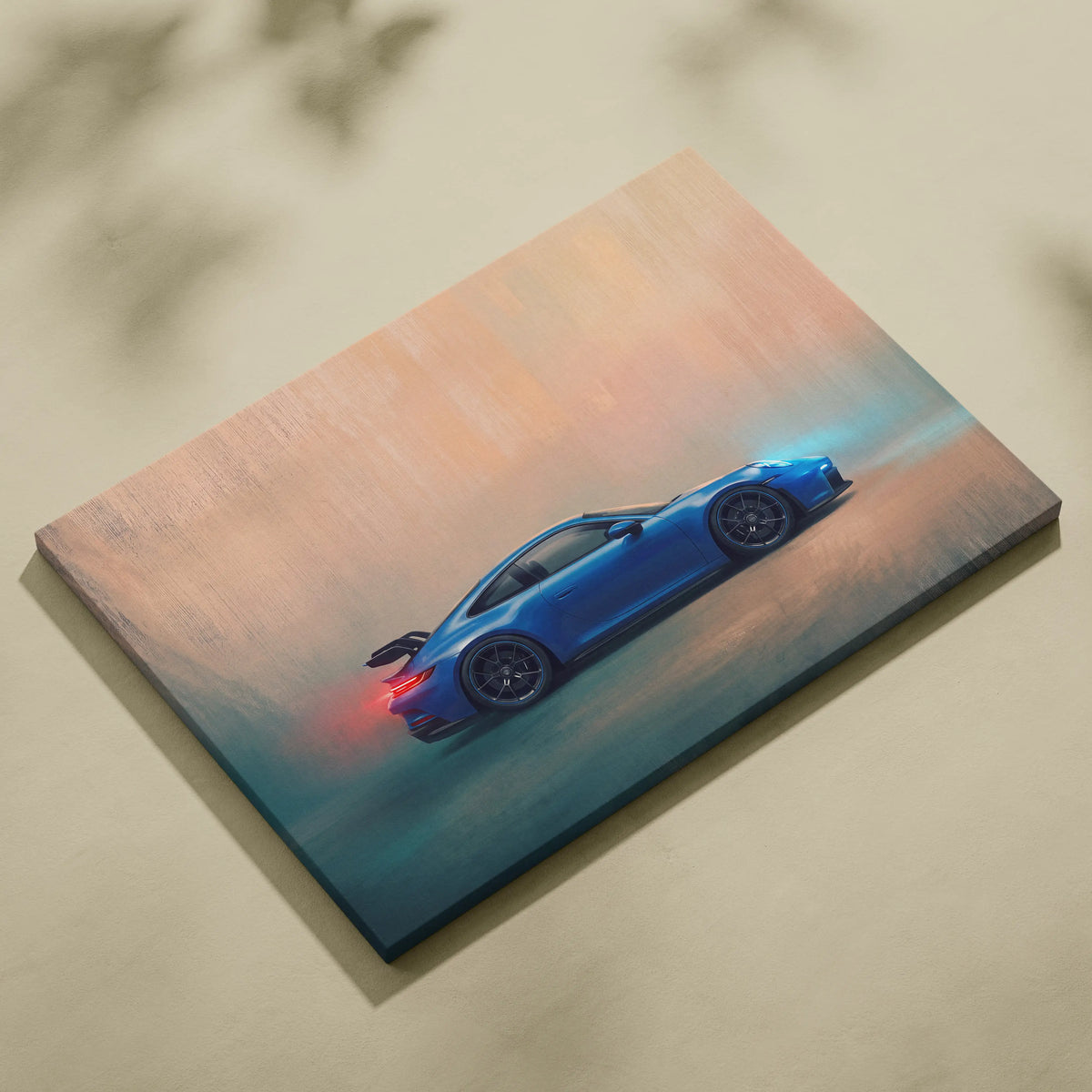 Blue Porsche 911 GT3 inspired canvas art featuring dynamic drift with glowing red taillights and stylized smoke effects