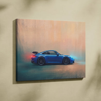 Blue porsche 911 gt3 inspired canvas art featuring dynamic lighting effects premium automotive wall decor