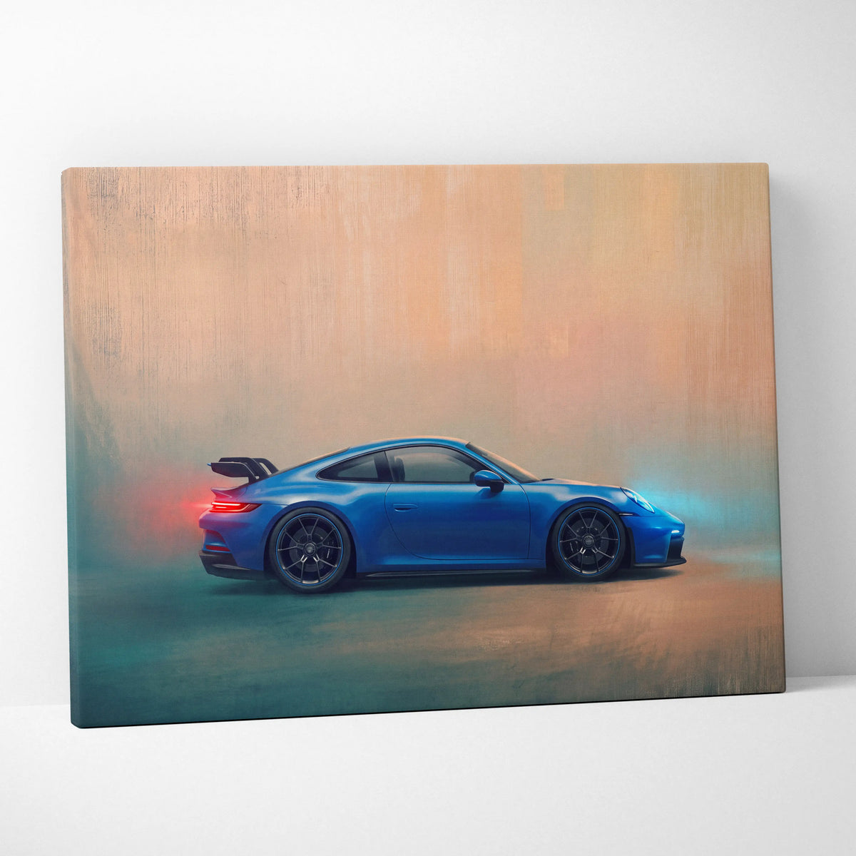 Vibrant blue porsche 911 gt3 canvas print with black rims and glowing red taillights for premium wall decor